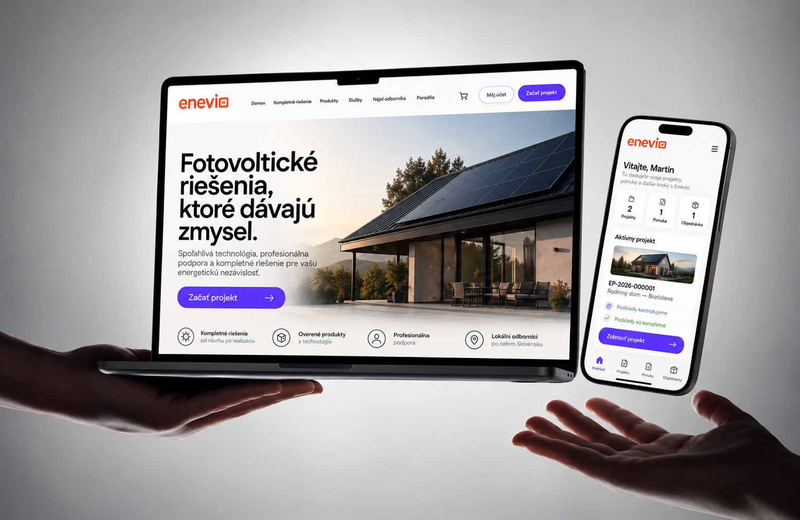 Web a zákaznícky účet Enevio na notebooku a mobile