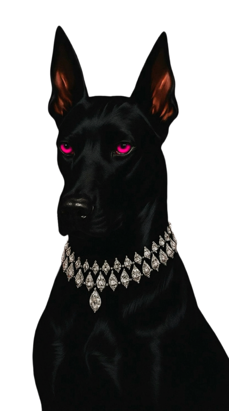 Čierny doberman s ružovými očami